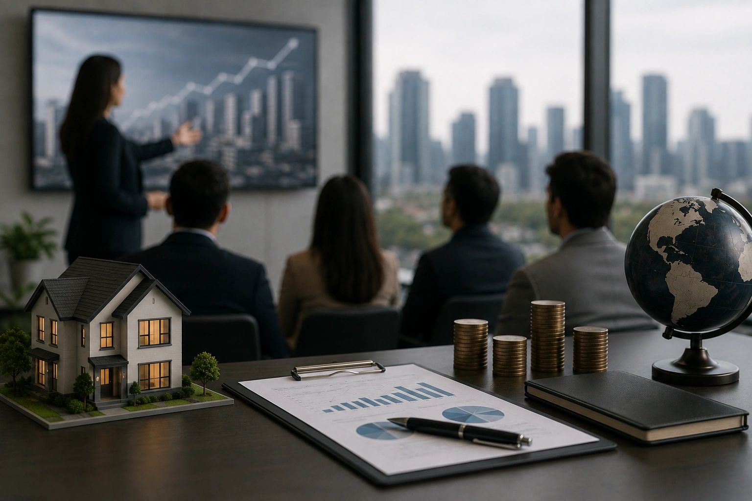 Business meeting focused on real estate investment and financial growth.