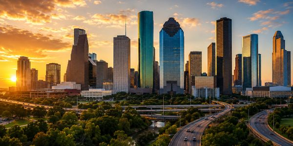 Sunset over Houston skyline with lush greenery and highways.