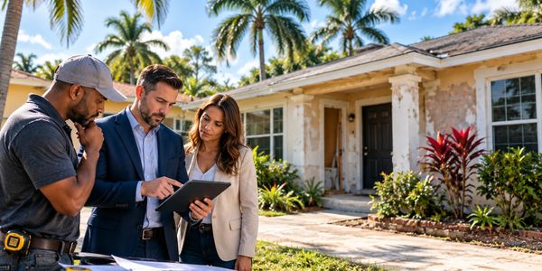 Three people discussing a home renovation plan outdoors.