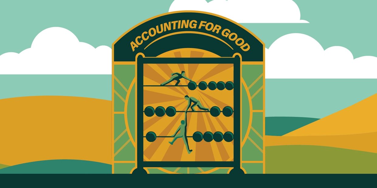 Illustration of people interacting with an abacus under the phrase "Accounting for Good."