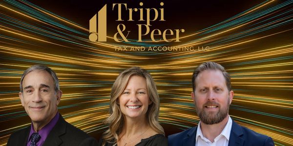 Professional portraits of three people with Tripi &amp; Peer Tax and Accounting logo.