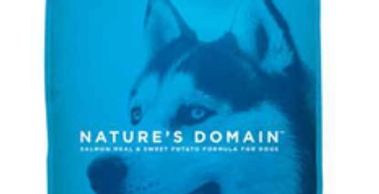 Blue packaging of Nature's Domain dog food with a husky image.