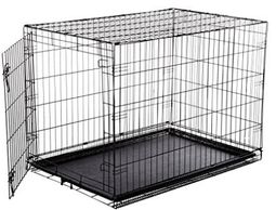 Metal wire pet crate with a plastic tray base and open door.