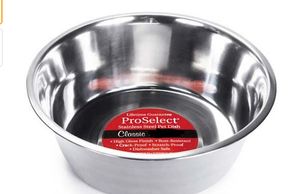 A shiny stainless steel pet bowl with a label inside.