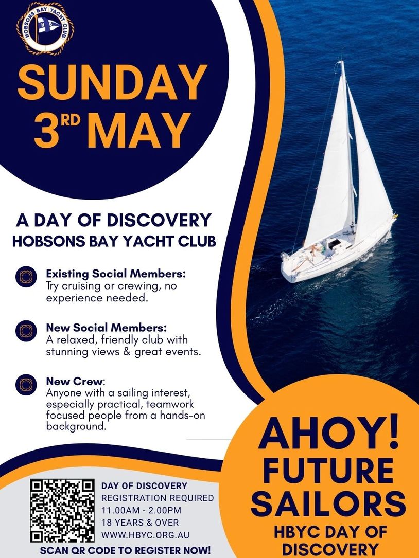 Flyer for Hobsons Bay Yacht Club's Day of Discovery on May 3rd, inviting new and existing members to join.