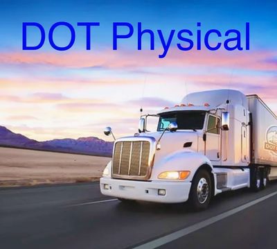 Commercial truck on the highway with text 'DOT Physical' in the sky.