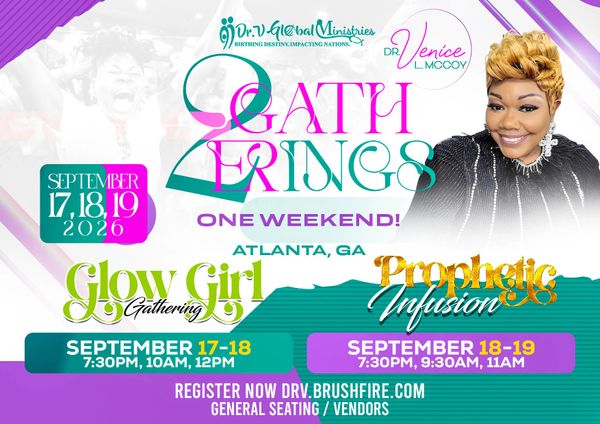 Event flyer for 2 Gatherings in Atlanta, GA, Sept 17-19, 2026 with Dr. Venice McCoy.