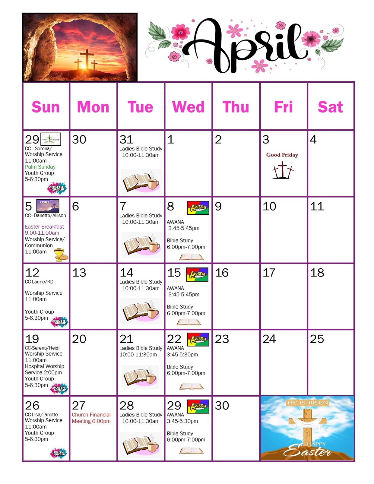 April calendar with church events and Bible studies, featuring Easter and Good Friday.