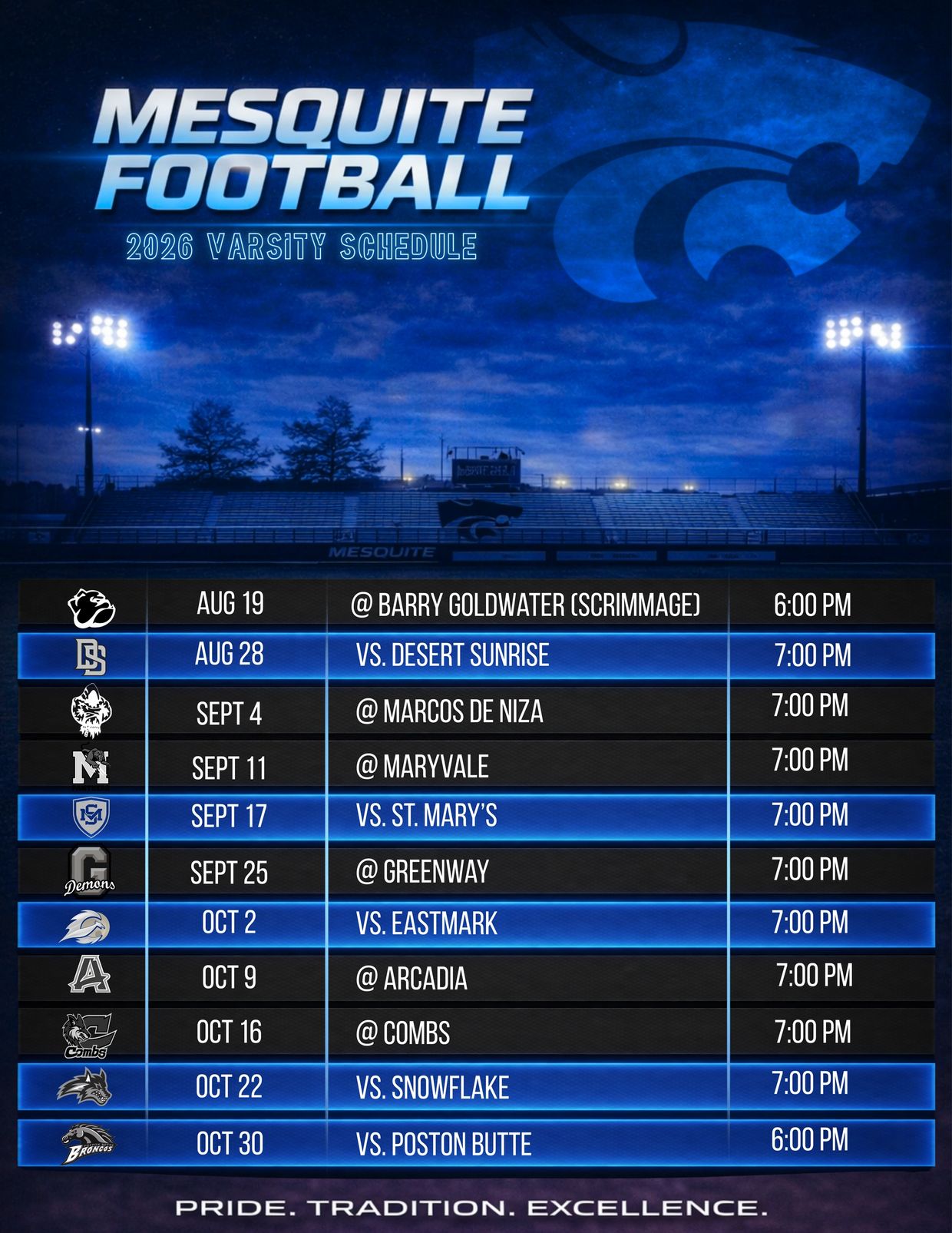 Mesquite Football 2026 Varsity Schedule with dates, opponents, and times.