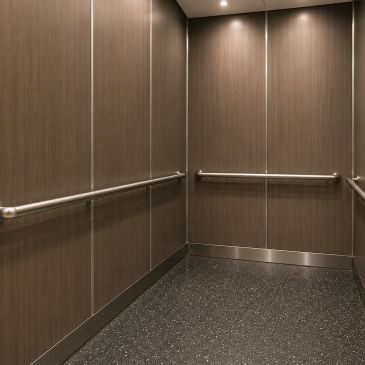 Interior of a modern elevator with wood paneling and handrails.