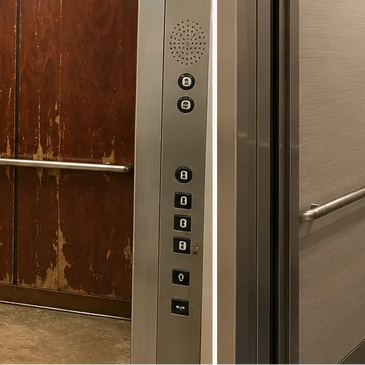 Elevator control panel with braille buttons inside a worn wooden and metal elevator.
