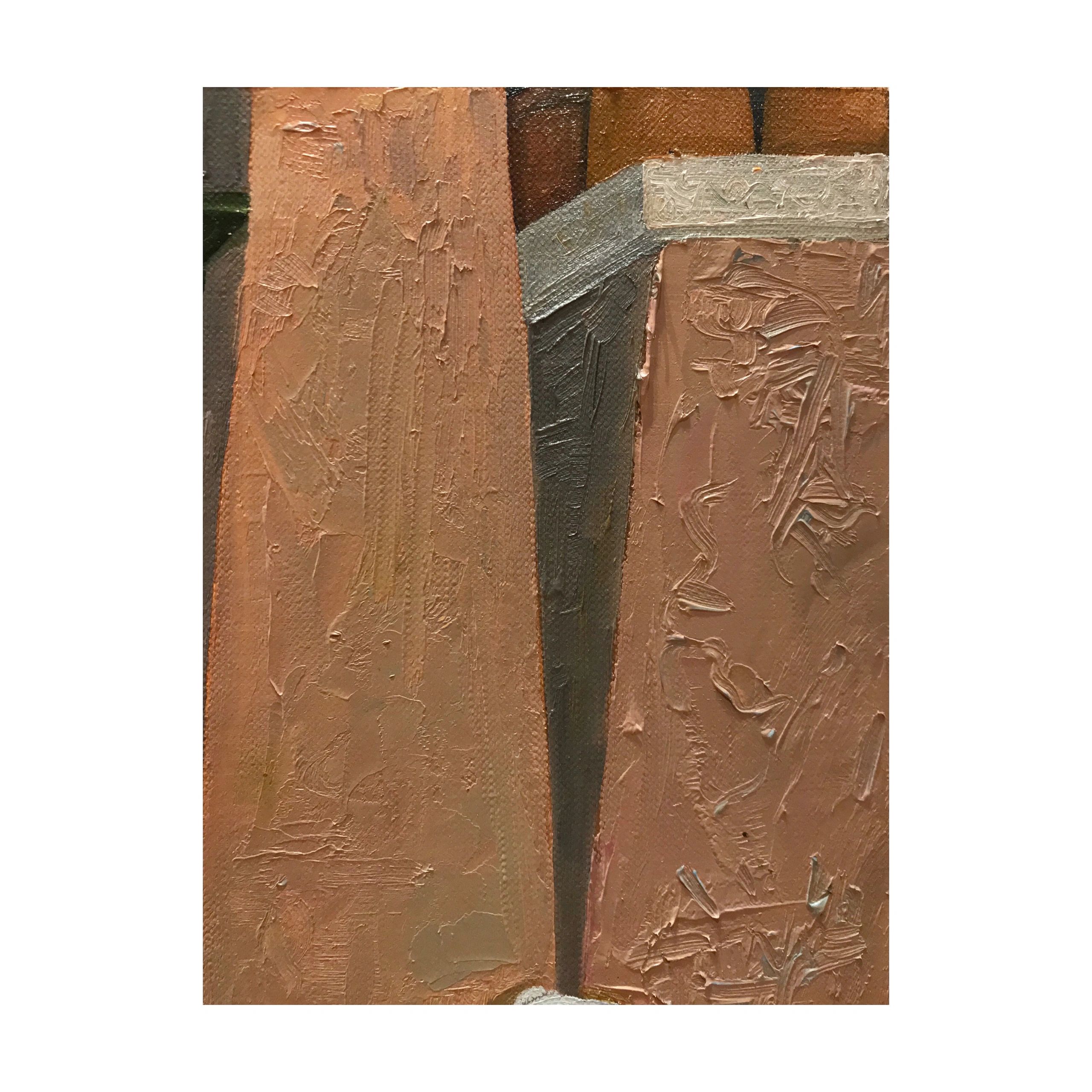 Abstract textured painting with earthy brown tones and geometric shapes.