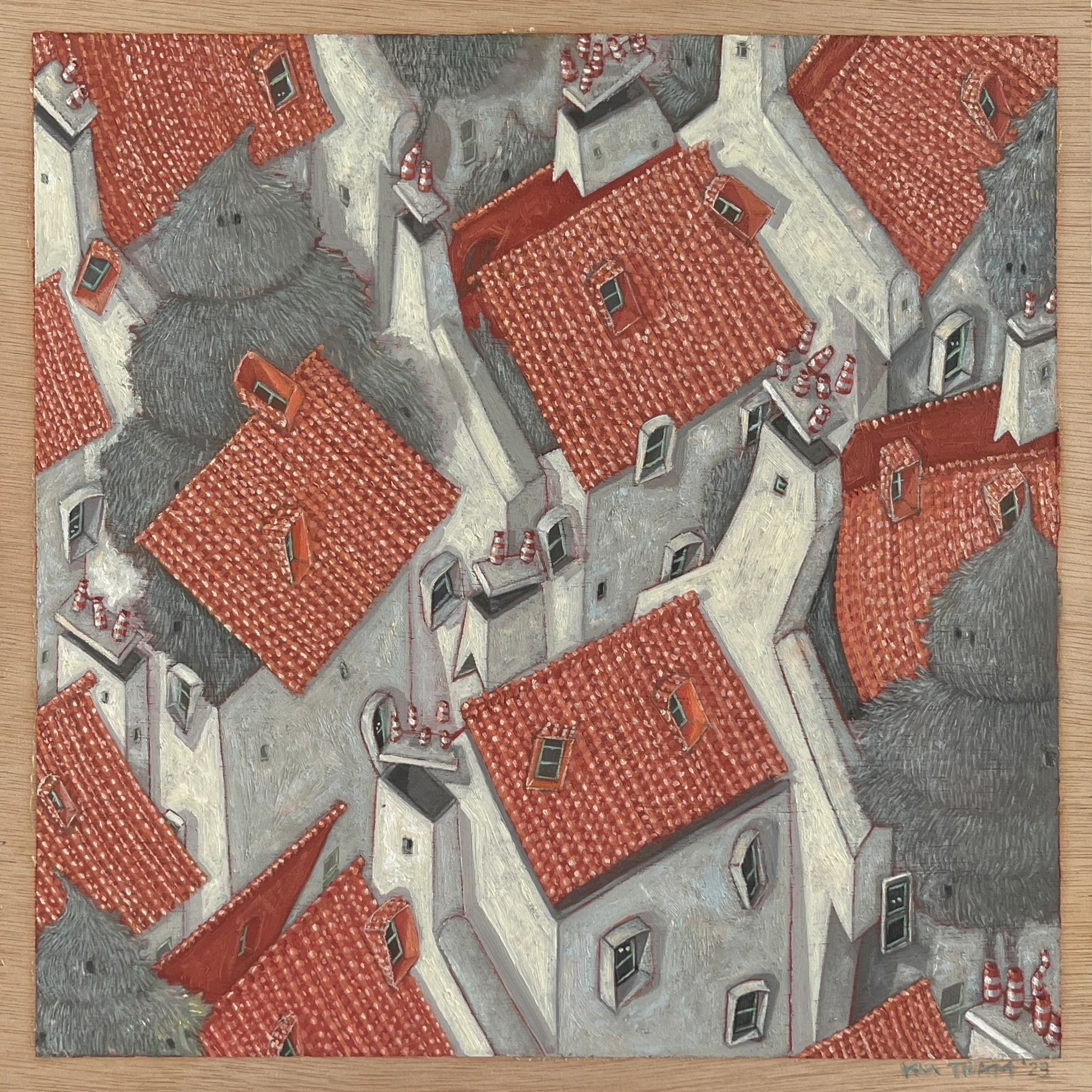 A detailed drawing of a village with red-tiled roofs and narrow streets.