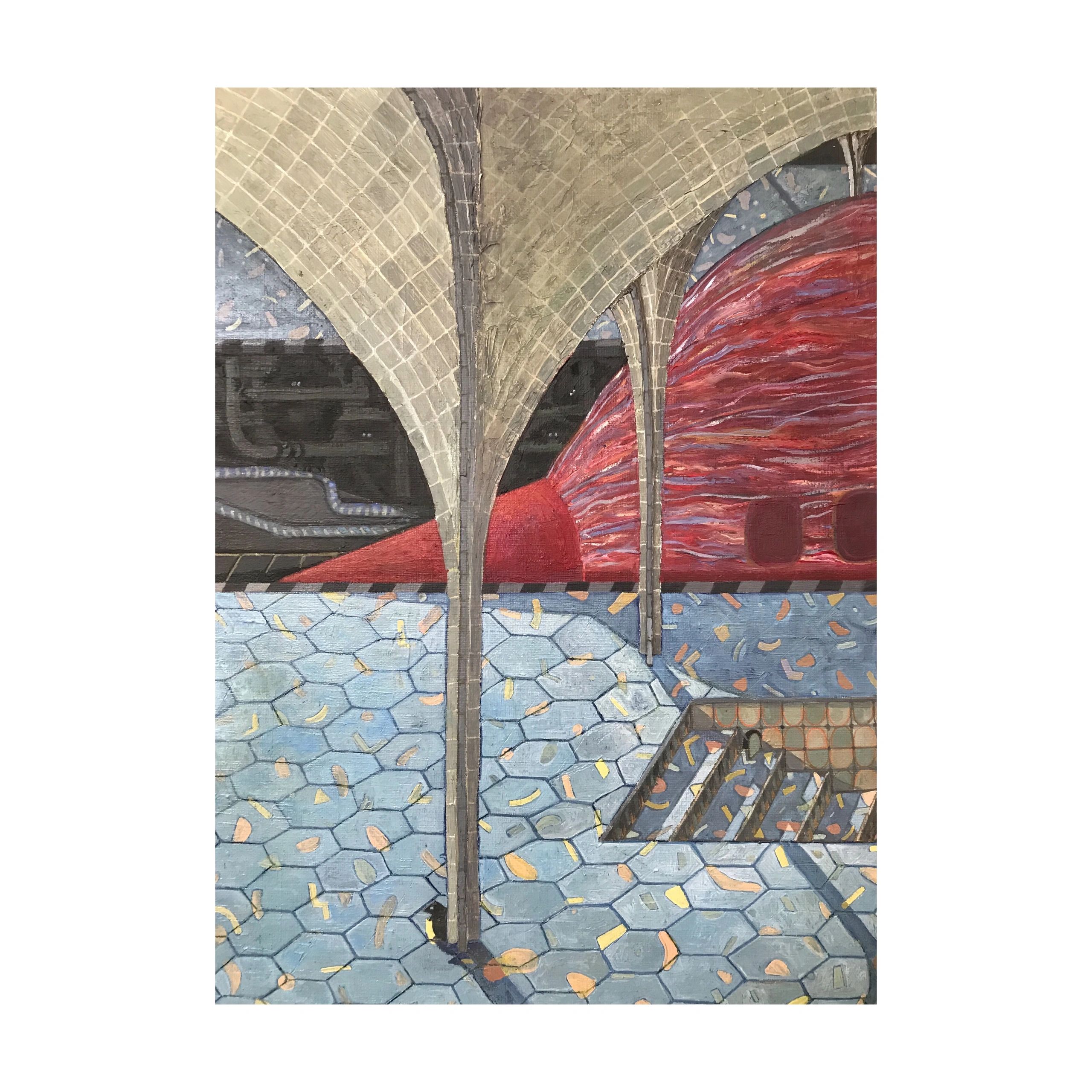 Surreal architectural painting with arched columns and hexagonal floor tiles.