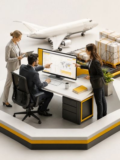 Business team planning logistics with airplane and cargo.