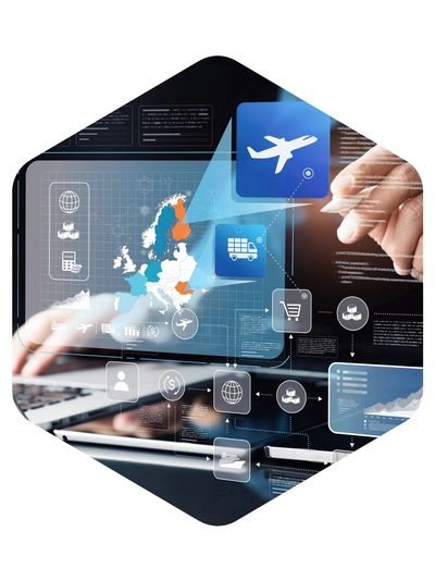 Digital logistics interface showing Europe map and transport icons.