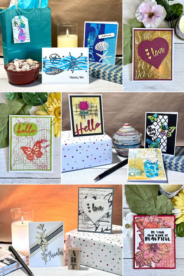 Pictures of handmade cards in various settings