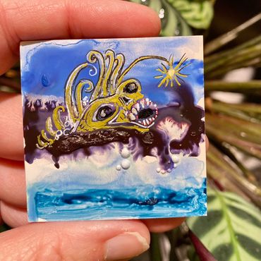 Day #1207 - 07.11.2024
art of the day
2 x 2 tiny angler fish
watercolor background on artboard - dri