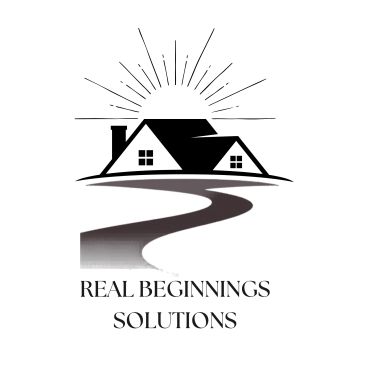 Logo with a house, sun rays, and winding path.