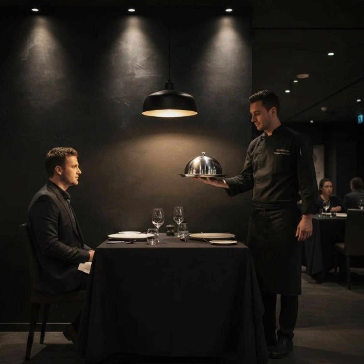 A man serving food to a customer sitting to eat his meal. Temp-Z-tation. 