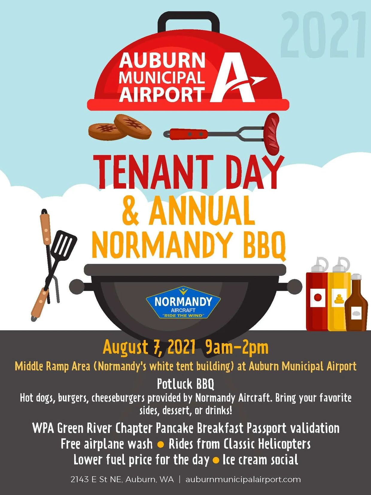 Auburn Municipal Airport Tenant Day &amp; Annual Normandy BBQ event flyer for August 7, 2021.
