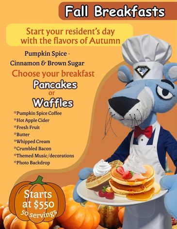 Fall-themed breakfast with pumpkin spice, pancakes, waffles, and more.