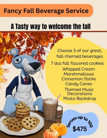 Fall-themed beverage service with cookies and decorations.