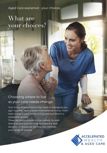 Caregiver smiling at elderly woman at home, discussing aged care choices.