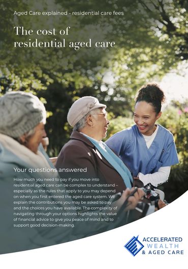 Cover about residential aged care costs with smiling elderly and caregiver.
