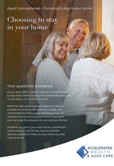 Seniors happily discussing choosing to stay at home for aged care.
