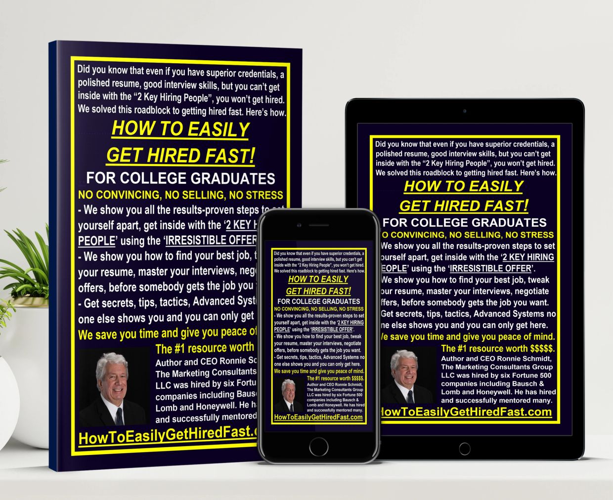 Book and devices displaying a guide on how to get hired fast for college graduates.
