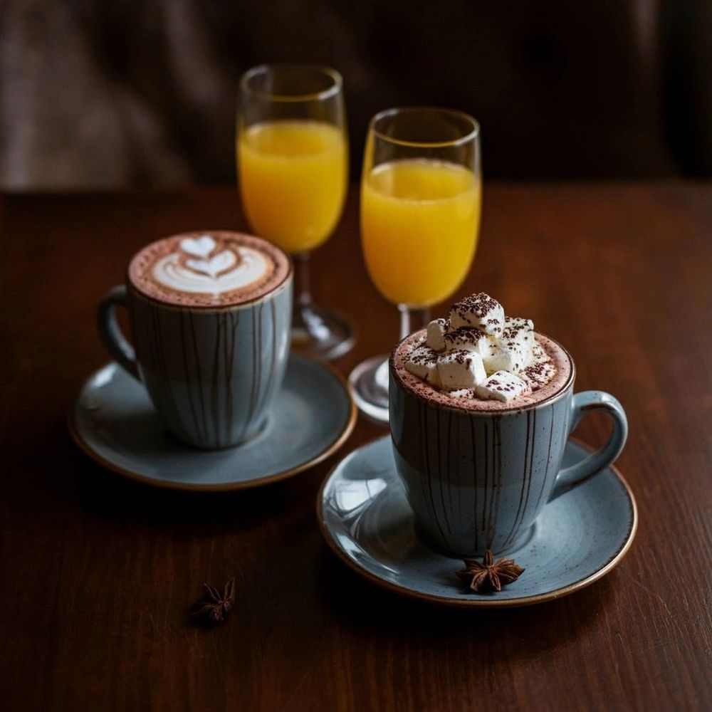 Two mugs of hot chocolate with marshmallows and latte art, alongside two glasses of orange juice on a wooden table.