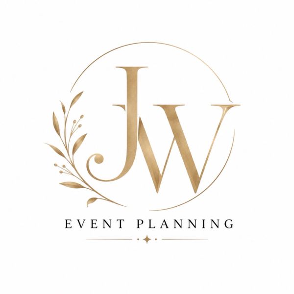 Elegant JW Event Planning logo with gold lettering and floral design.