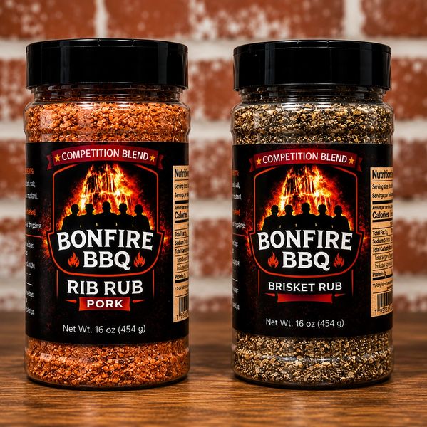 Two bottles of Bonfire BBQ rubs for pork ribs and brisket.