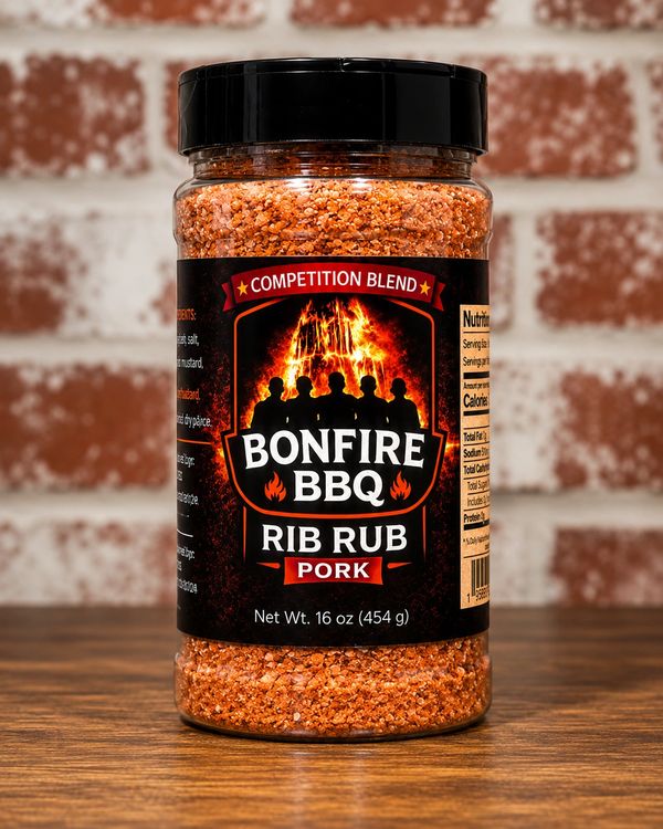 Bonfire BBQ Rib Rub pork seasoning bottle with a fiery label.