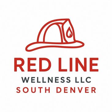 Logo of Red Line Wellness LLC featuring a firefighter helmet with a flame symbol.