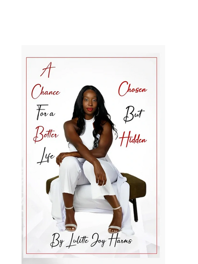 A woman dressed in white sits confidently on a chair, surrounded by inspiring text.