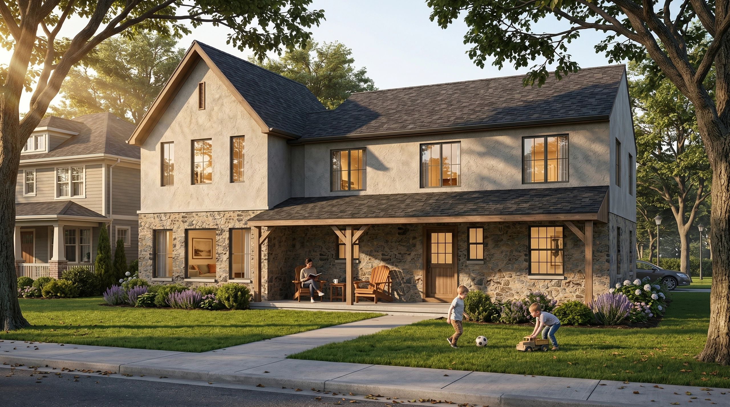 Children playing outside a modern farmhouse at sunset.