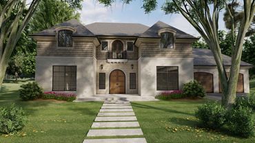European style custom home. Arched door. Stone entry. 