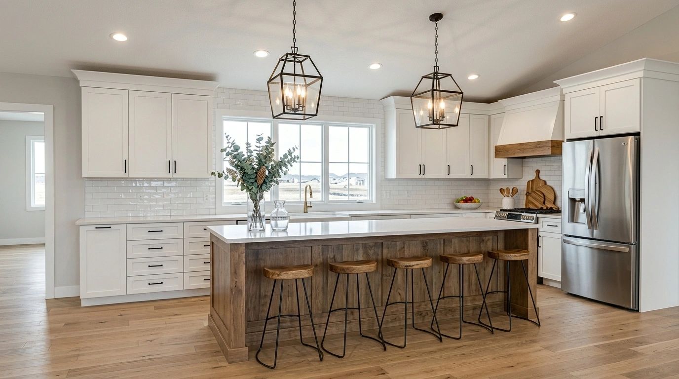 Modern kitchen with white cabinets and wooden island.