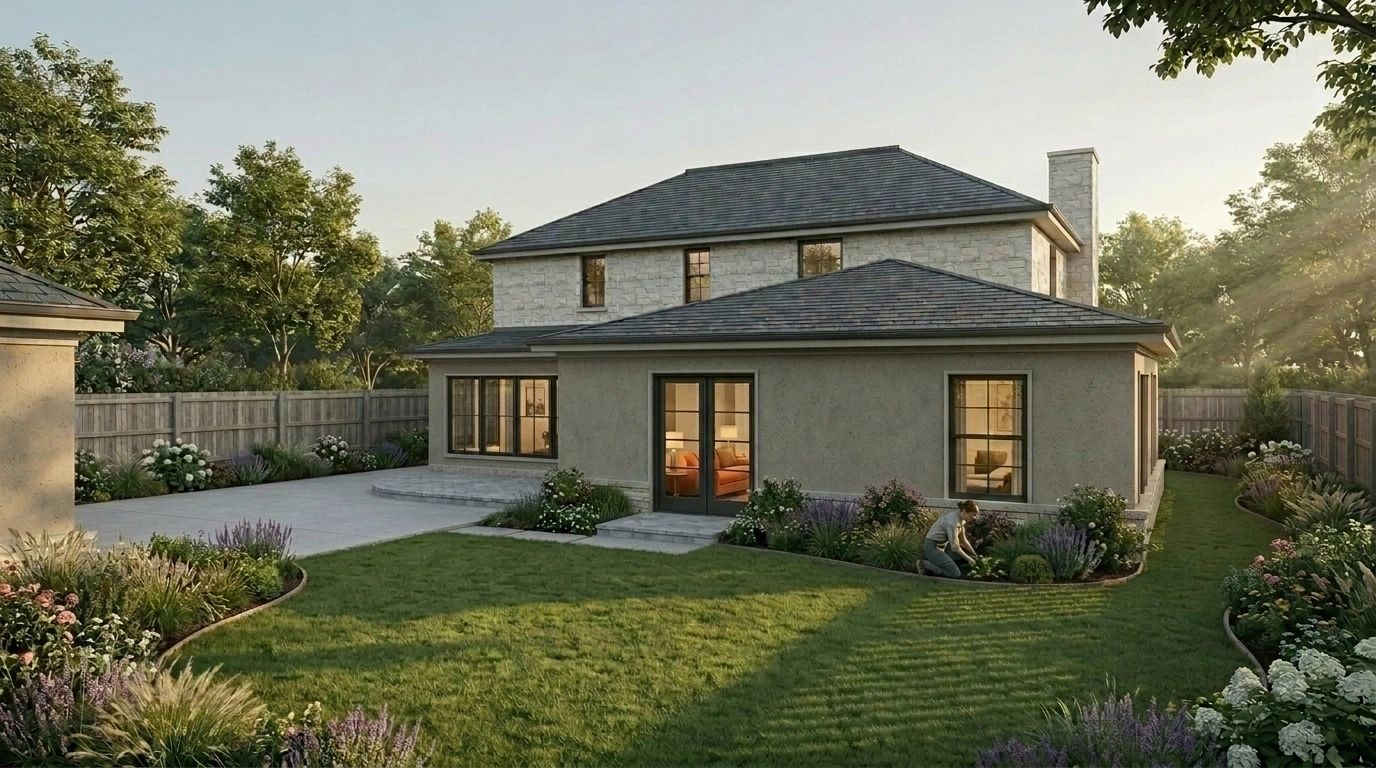 Backyard garden with a person tending plants near a modern two-story house.