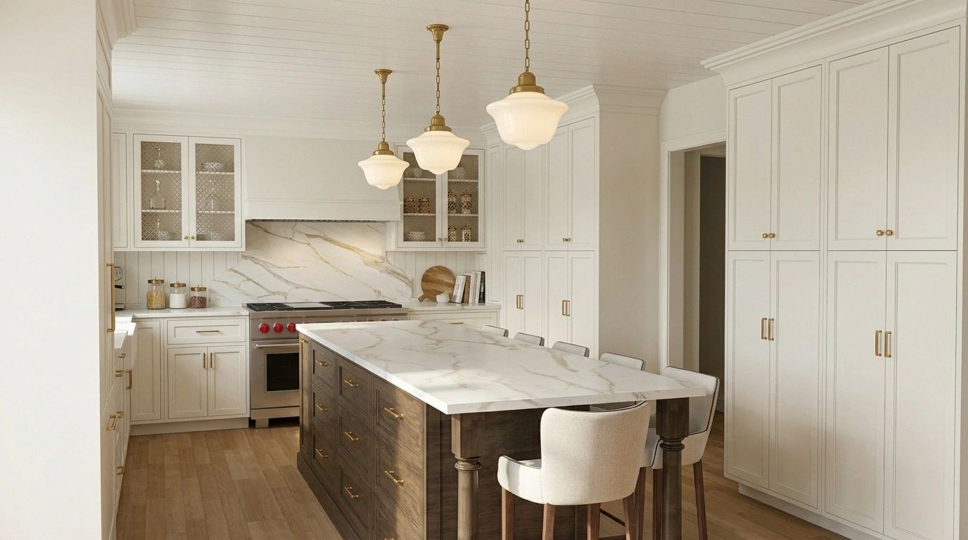 Bright kitchen with marble island and white cabinets.