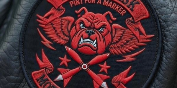Embroidered patch with a fierce red bulldog, wings, and crossed bullets on black leather.
