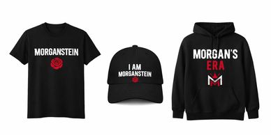 Black apparel featuring Morganstein branding with red rose and bold white and red text.