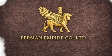 Gold emblem of a winged bull with a human head and Persian Empire Co., Ltd. text.
