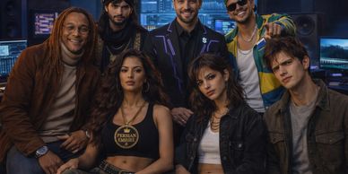 Seven stylish people posing in a high-tech studio with computer screens.