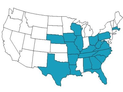 Map highlighting certain central and eastern U.S. states in blue.