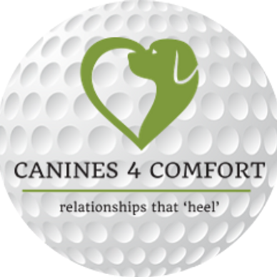 Logo of Canines 4 Comfort with a green heart and dog silhouette.