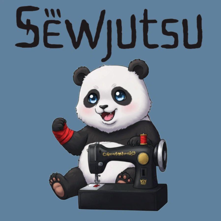 Cute Panda with a sewing machine and red wristband under Sewjutsu text.