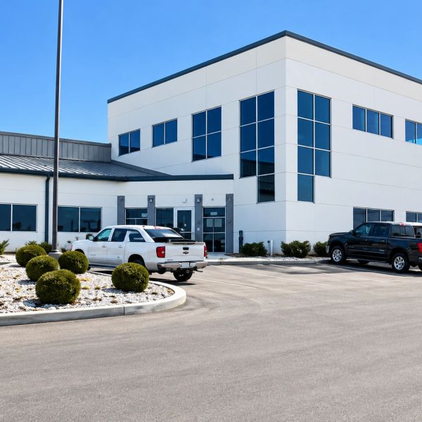 Modern commercial building with parked cars and landscaped shrubs.